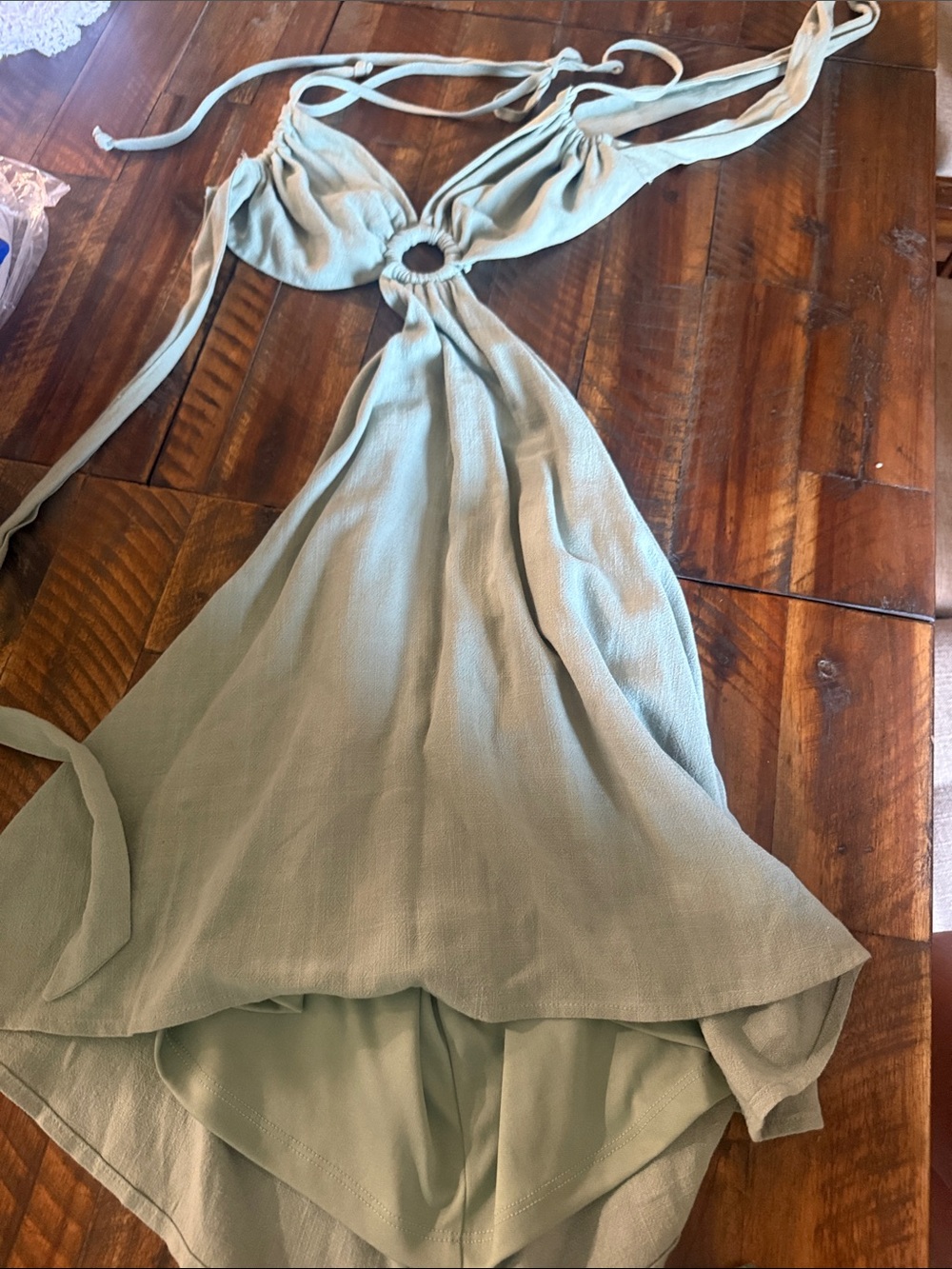 La Hearts Sage Green Asymmetrical Ring-Front Halter Dress